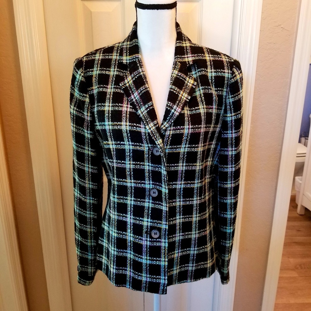 Black Woven Blazer with Colored Plaid Pattern, 12